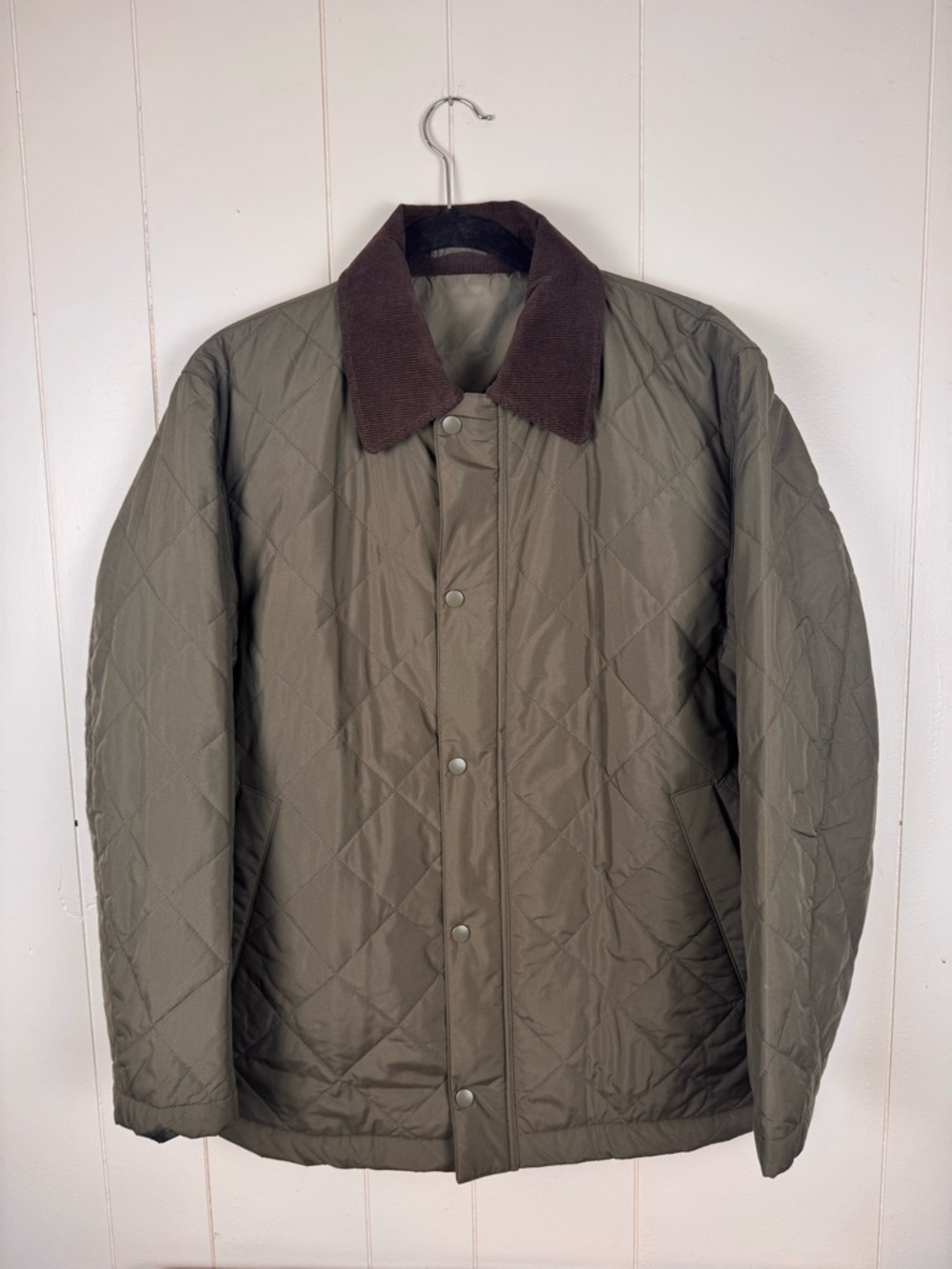 Japanese Quilted Jacket Olive Corduroy Collar Snap Front Size M